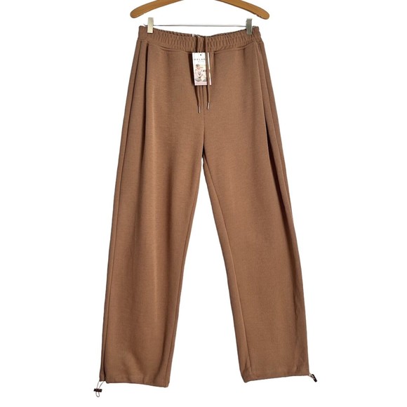 Halara Pants - Halara Wide Leg Pants Sz L Drawstring Elastic Waist Knitted Tan Sweatpants